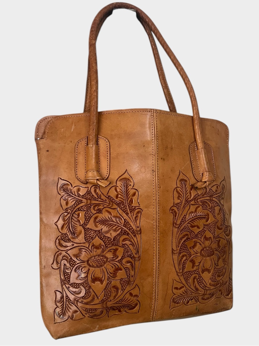 Vintage Mexican Hand Tooled Leather Tote Floral Carved Western Boho Shoulder Bag